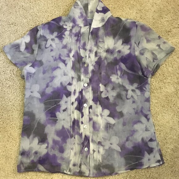 Vintage Y2K Chiffon Floral Watercolour Short Sleeve Button Up Pintuck Shirt - Picture 11 of 16